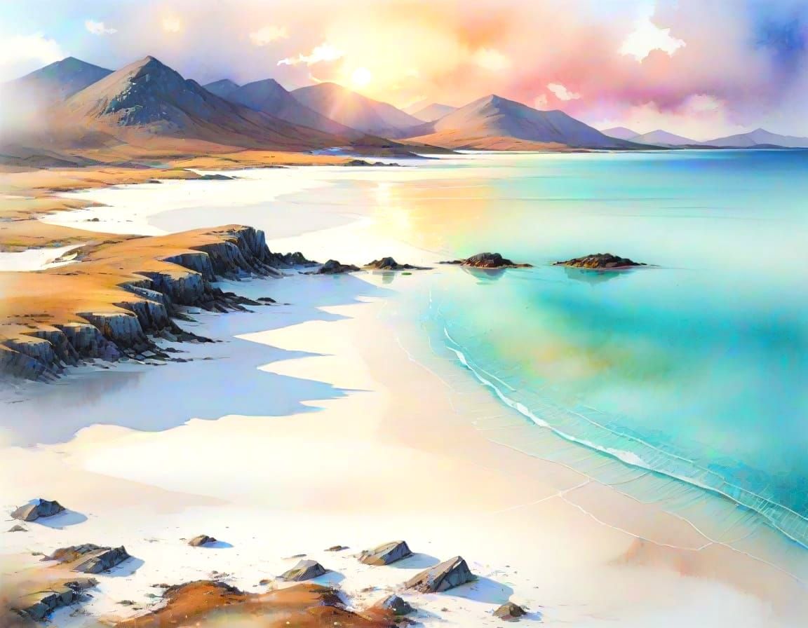 Sunrise at Luskentyre Beach: Watercolour Landscape