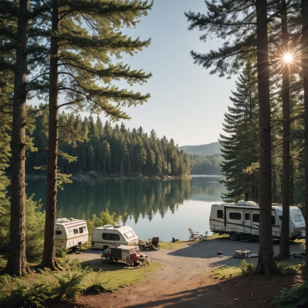 RV Campsite by Peaceful Lake in Forest