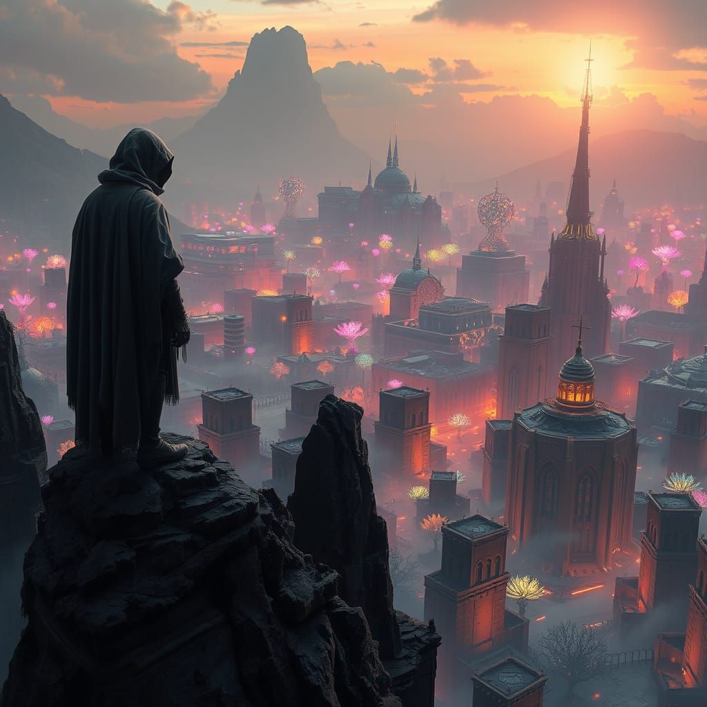 Dystopian Future Cityscape with Neon Flora