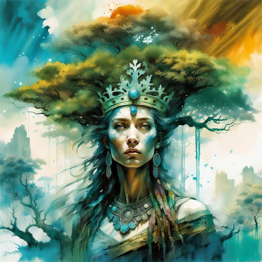 Earth Goddess with Tree Crown in Fantasy Style