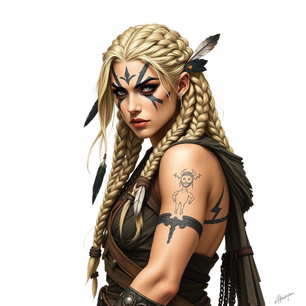 Fierce Viking Warrior Woman in Braided Braid and War Paint