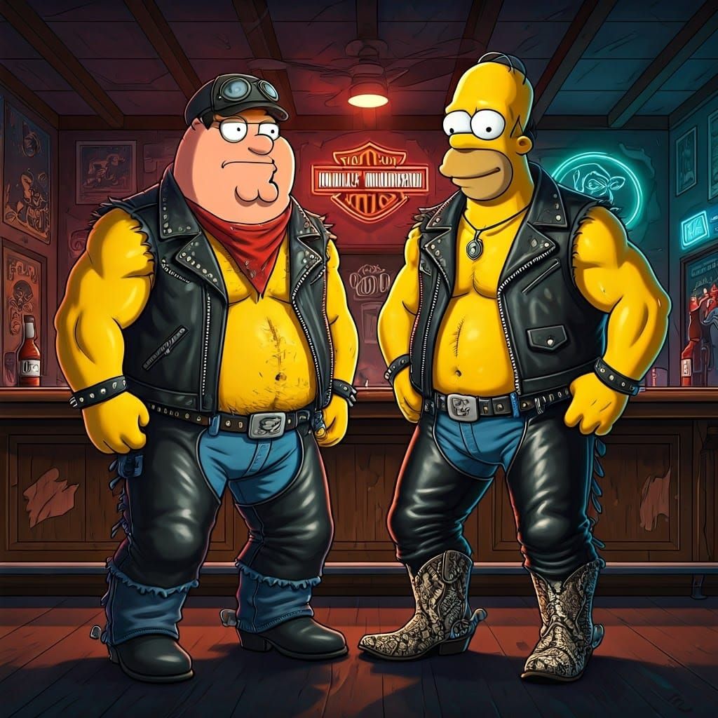 Biker Bar Icons Homer Simpson and Peter Griffin Unleashed