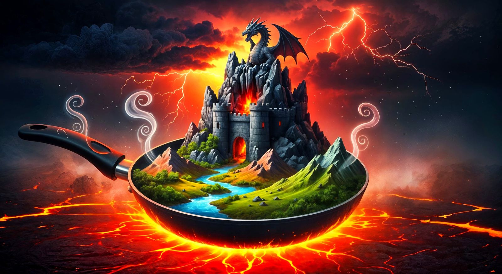 Dragon Fortress Floating in Lava: Spray Paint Art