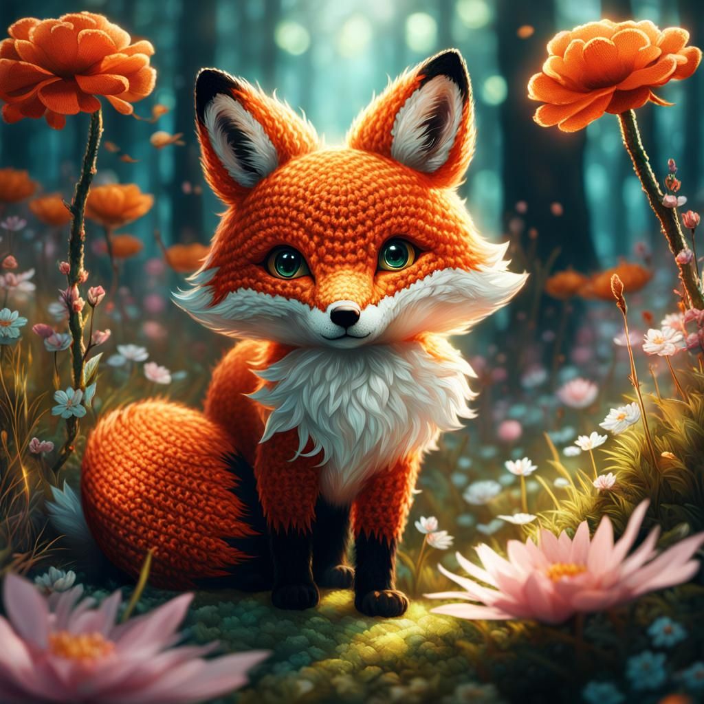 Crochet Fox in Flower Forest, Digital Art