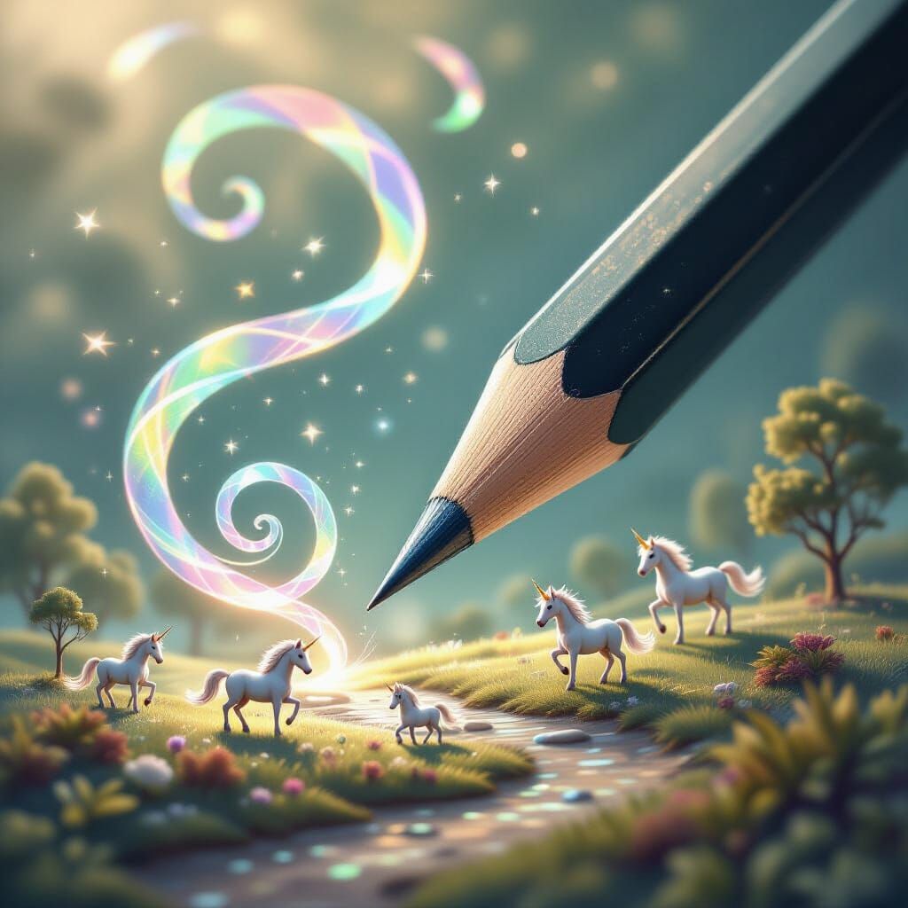 Hyperrealistic Pencil with Glowing Anilas and Unicorns