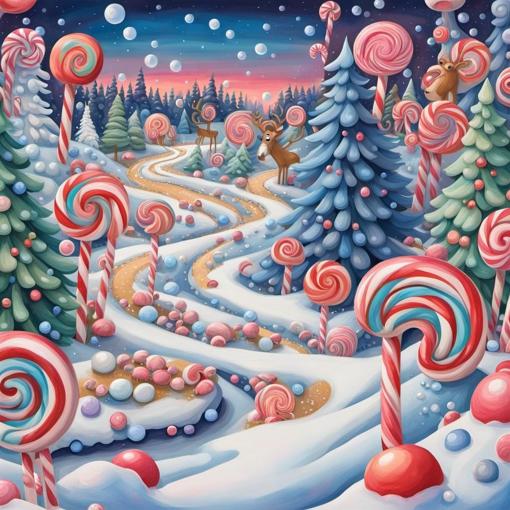 Vibrant Candyland Forest with Reindeer and Candy Road