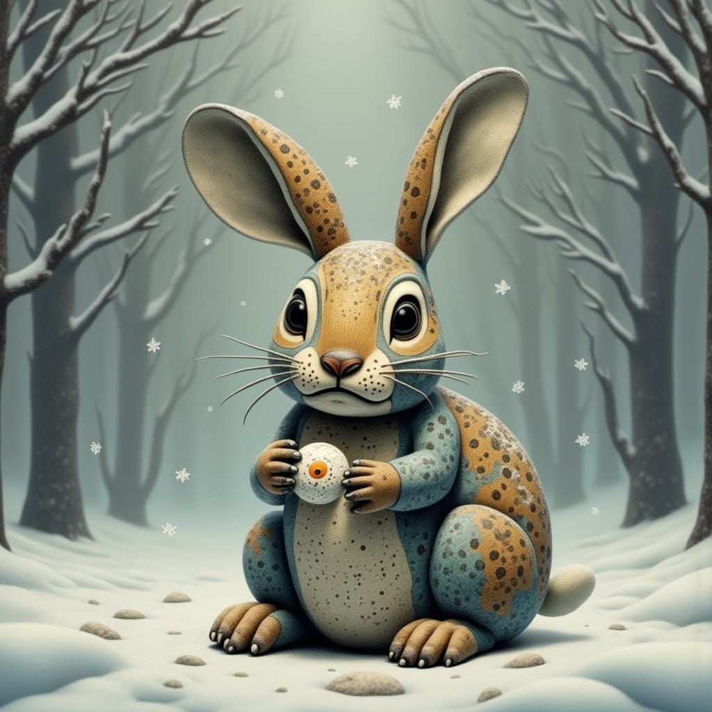 Whimsical Photorealistic Hare in a Snowy Forest