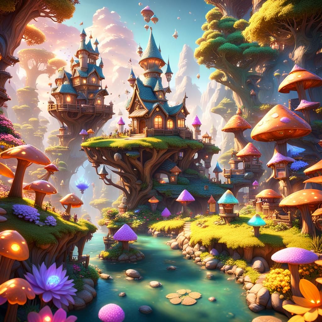 Fantasy world filled with fairies, gnomes and pixies buzzing around Colorful, 3D shading trending on Artstation Unreal E...