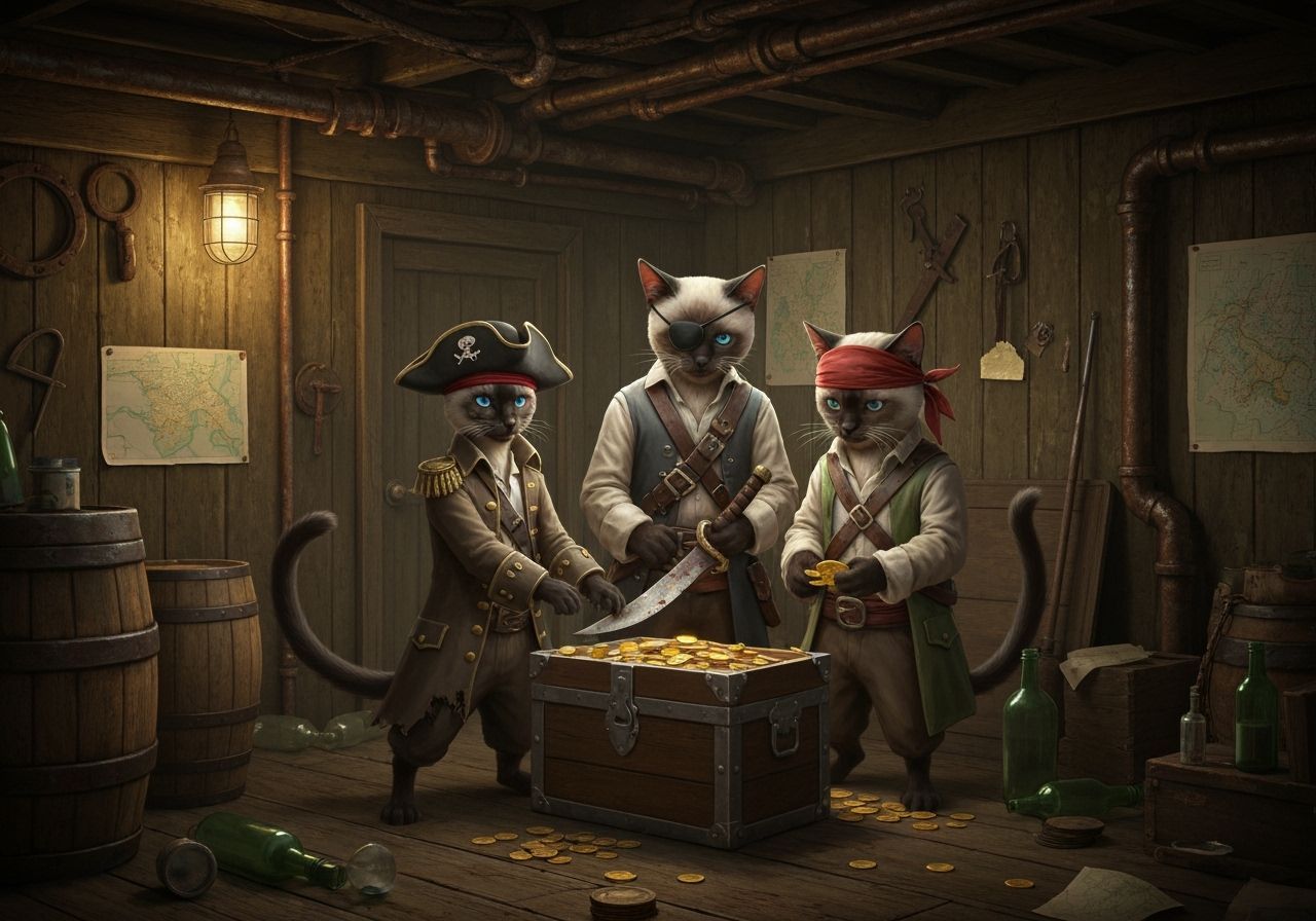 Anthropomorphic Siamese Cats as Pirates Dividing Loot