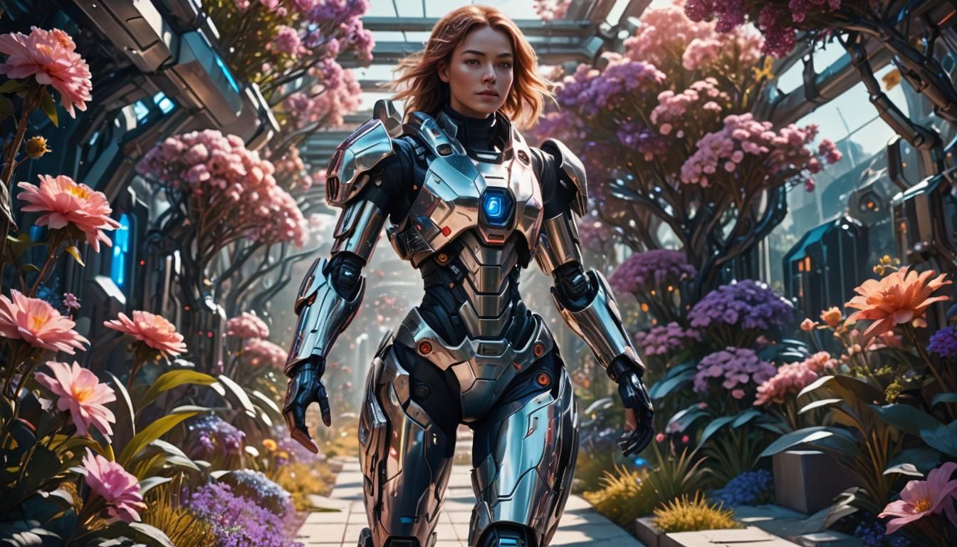 Woman in Exosuit in Flower Garden: Sci-Fi Concept Art