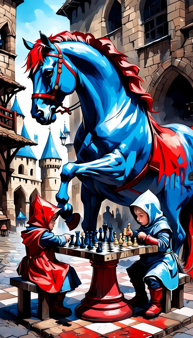 Toddlers Play Chess in Medieval Market, Graffiti Art