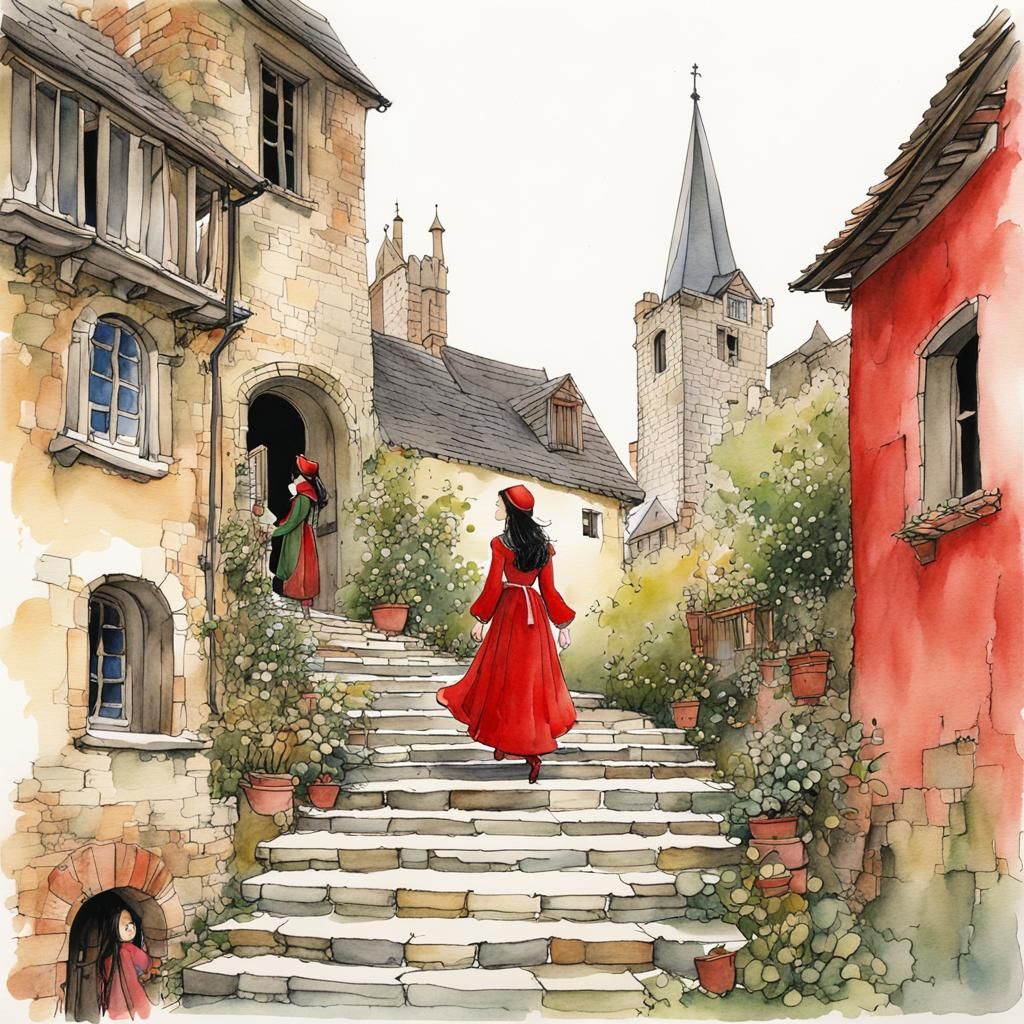 Medieval Maiden Descends Stairs: Storybook Illustration