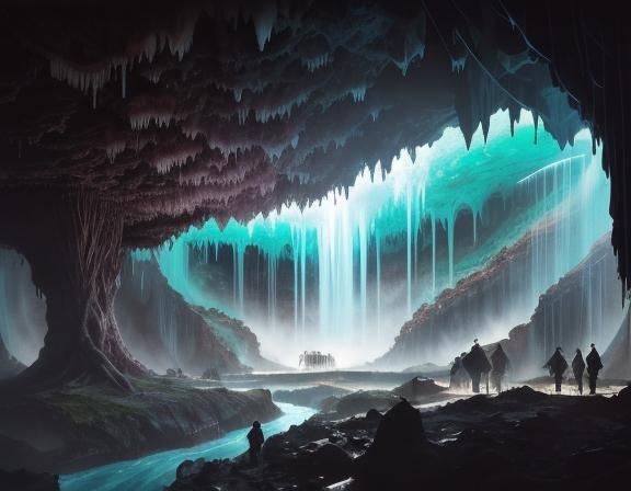 Underground City Shopping Center with River, as Watercolor