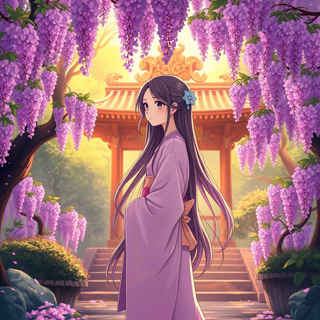 Serene Anime Goddess in Whimsical Wisteria Garden