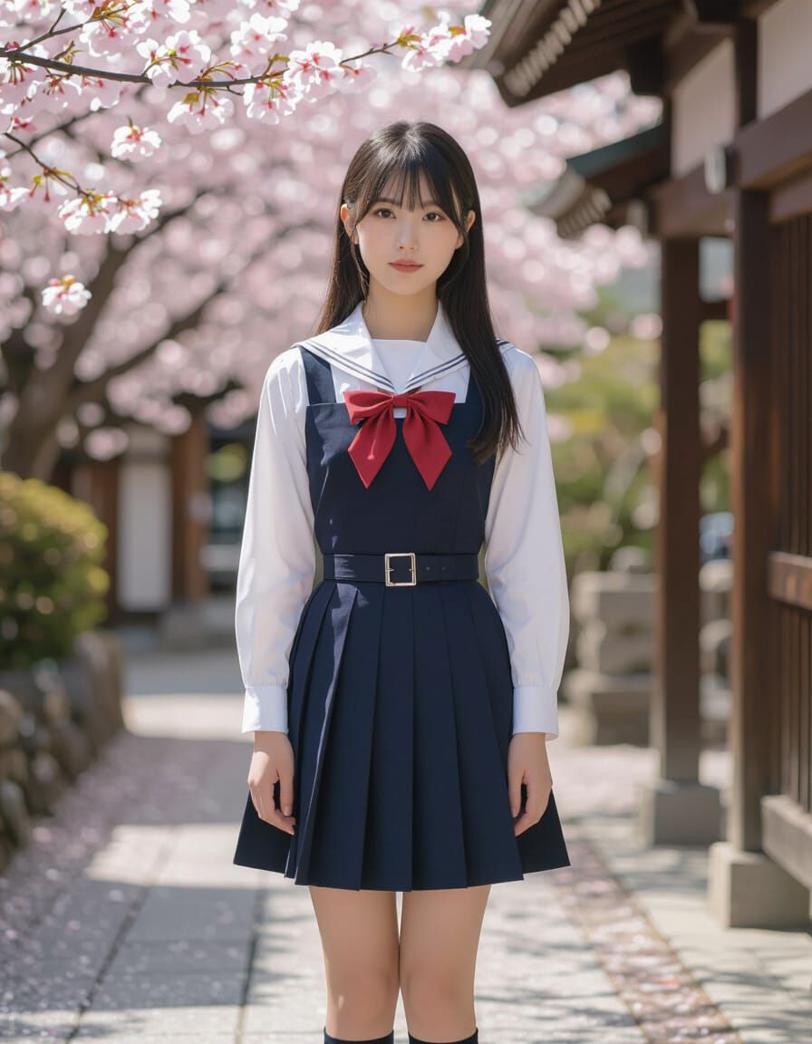 Japanese Shrine Scene With Cherry Blossoms