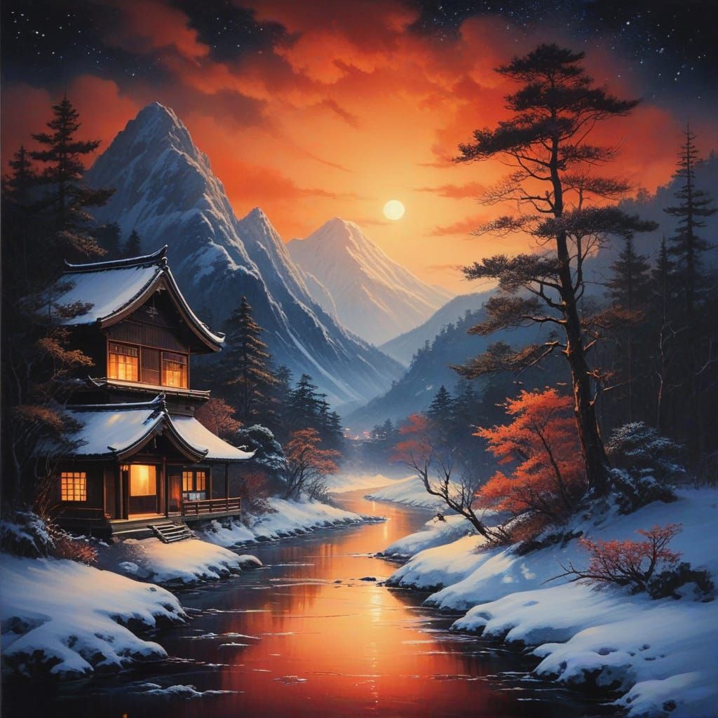 Surreal Japanese Winter Wonderland at Night