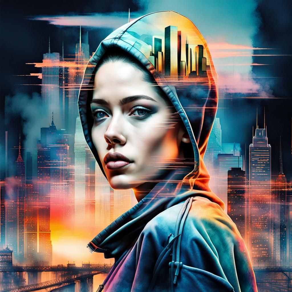 Hooded Hacker Double Exposure Cyberpunk Watercolor