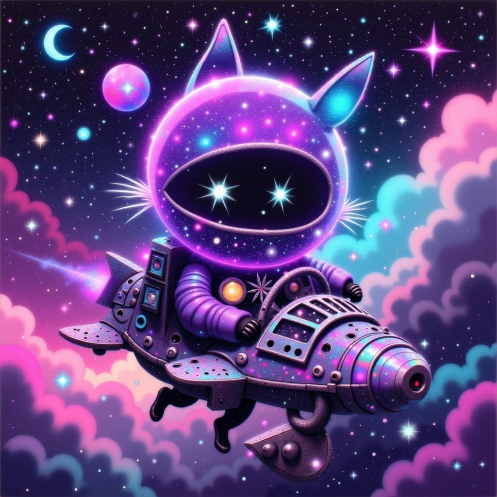 Cosmic Kitty Piloting Spaceship in Celestialpunk Style