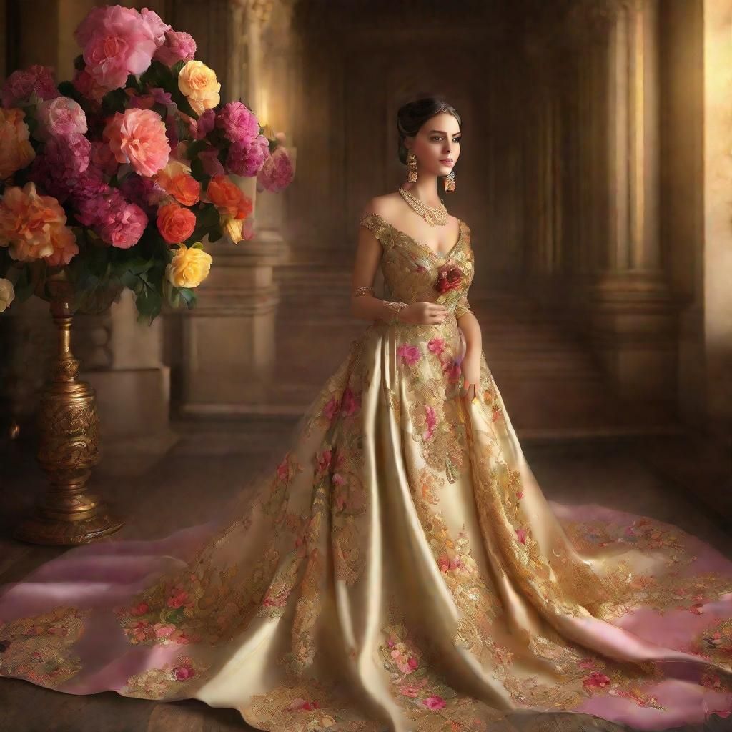 Realistic Portrait with Flowers and Detailed Jewelry