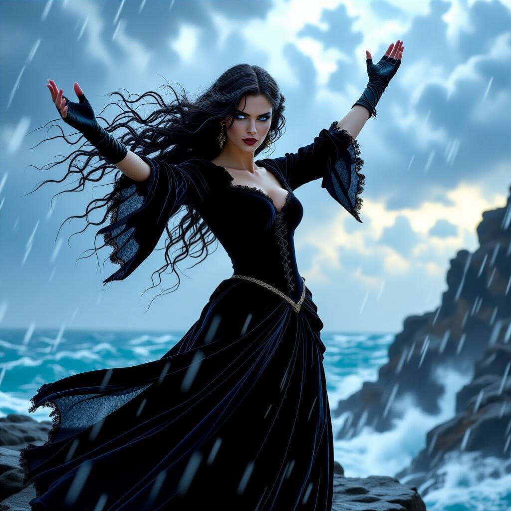 Sorceress Summons Storm in Photorealistic Style
