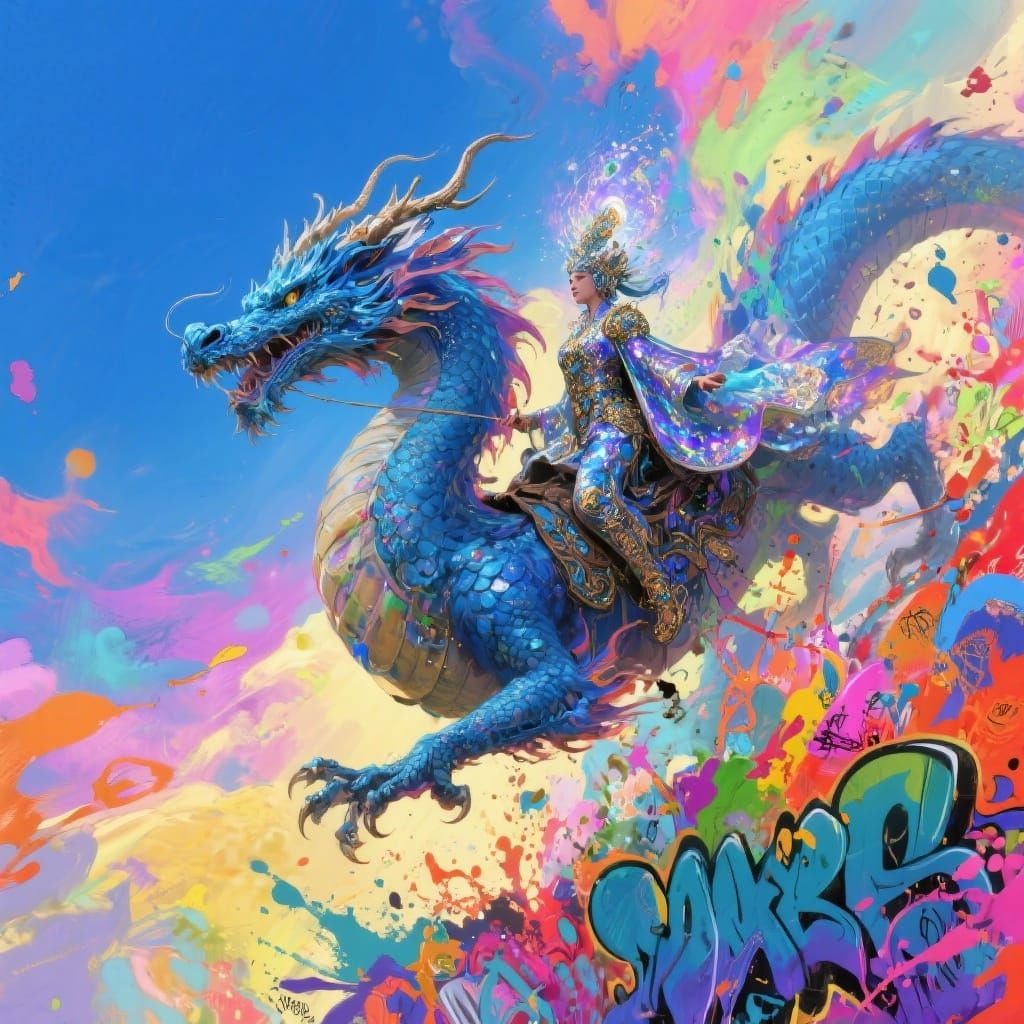 Majestic Sapphire Dragon Carries Magical Figure Through Poly...