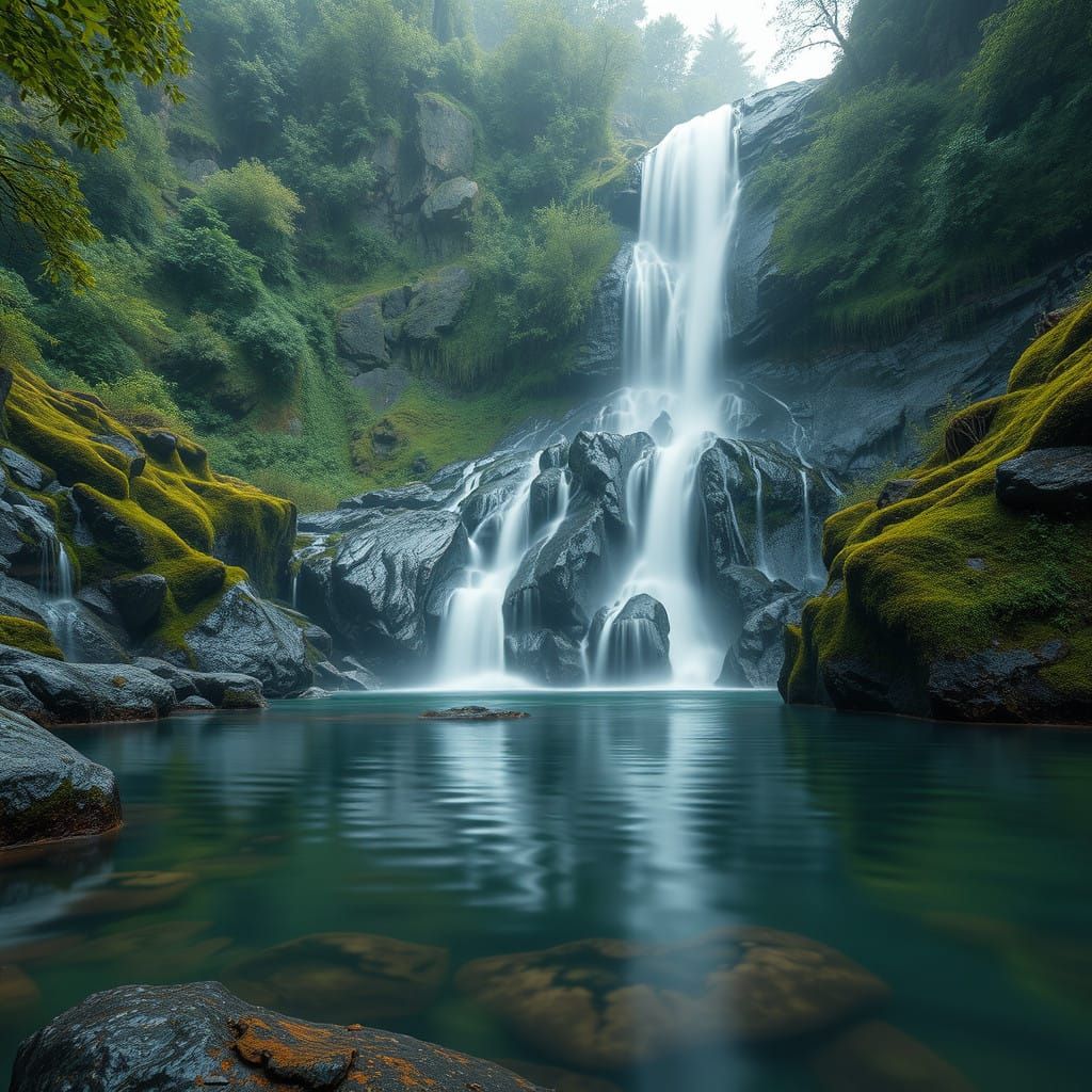 Waterfall in Lush Greenery with Silky Water Effect