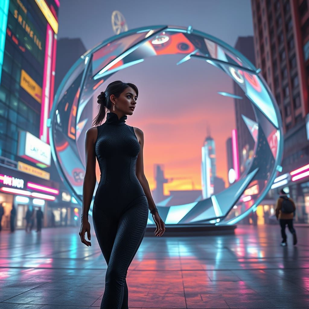Futuristic Woman Striding Toward Portal in Neon Plaza