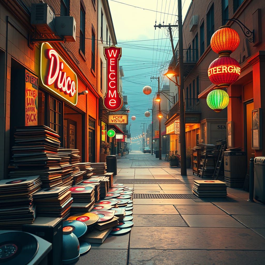 Retro Futuristic Disco Club Scene with Vintage Records and N...