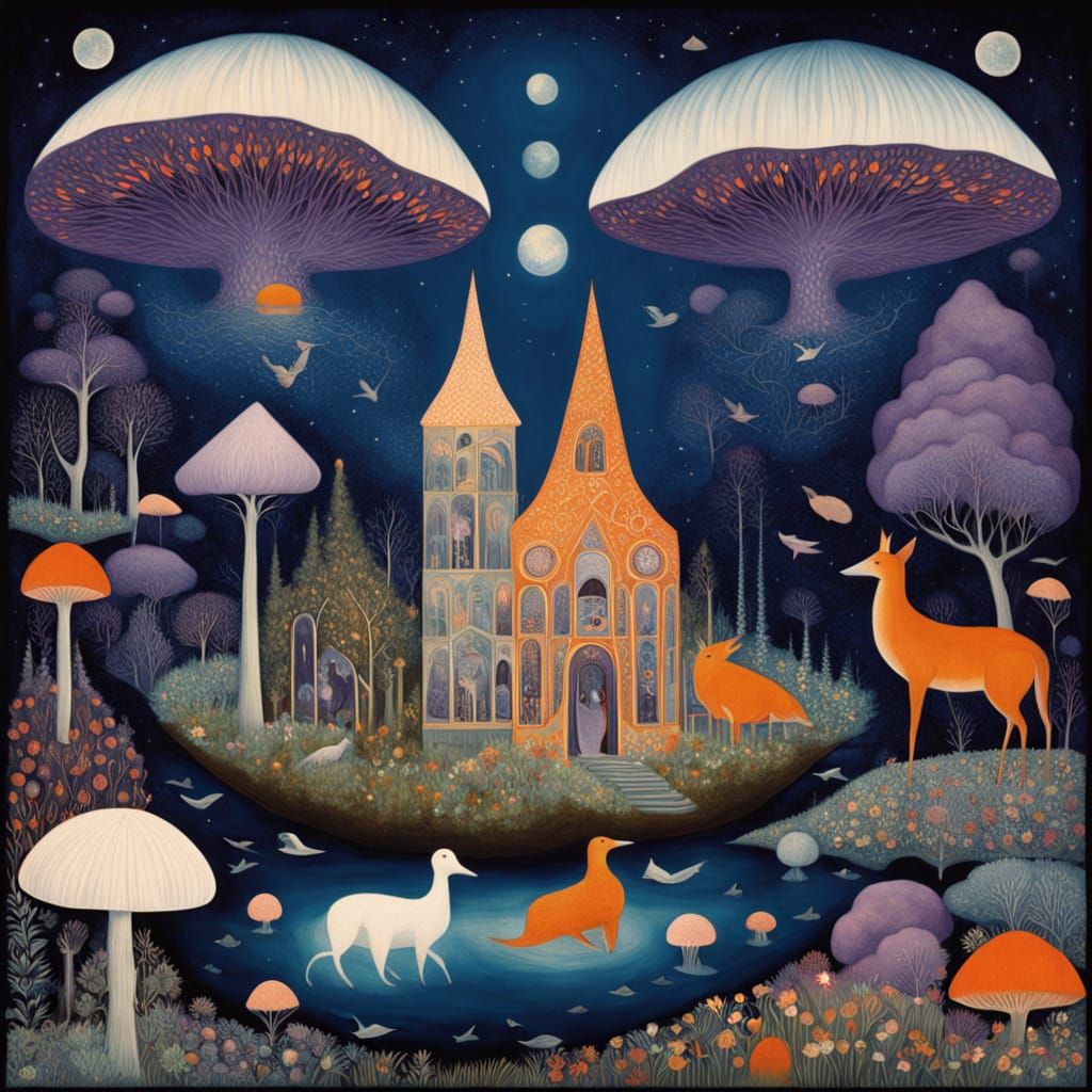 Gemstone House on Cosmic Islands with Iridescent Birds