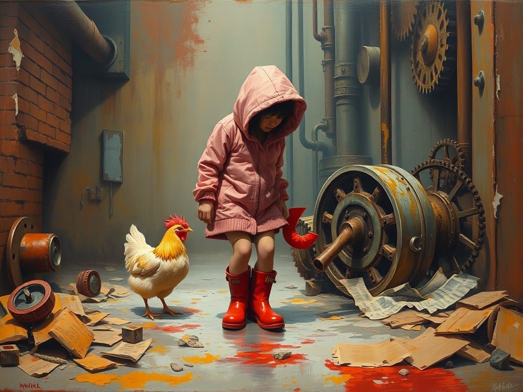 Ethereal Sleepwalker with Chicken in Industrial Dreamscape