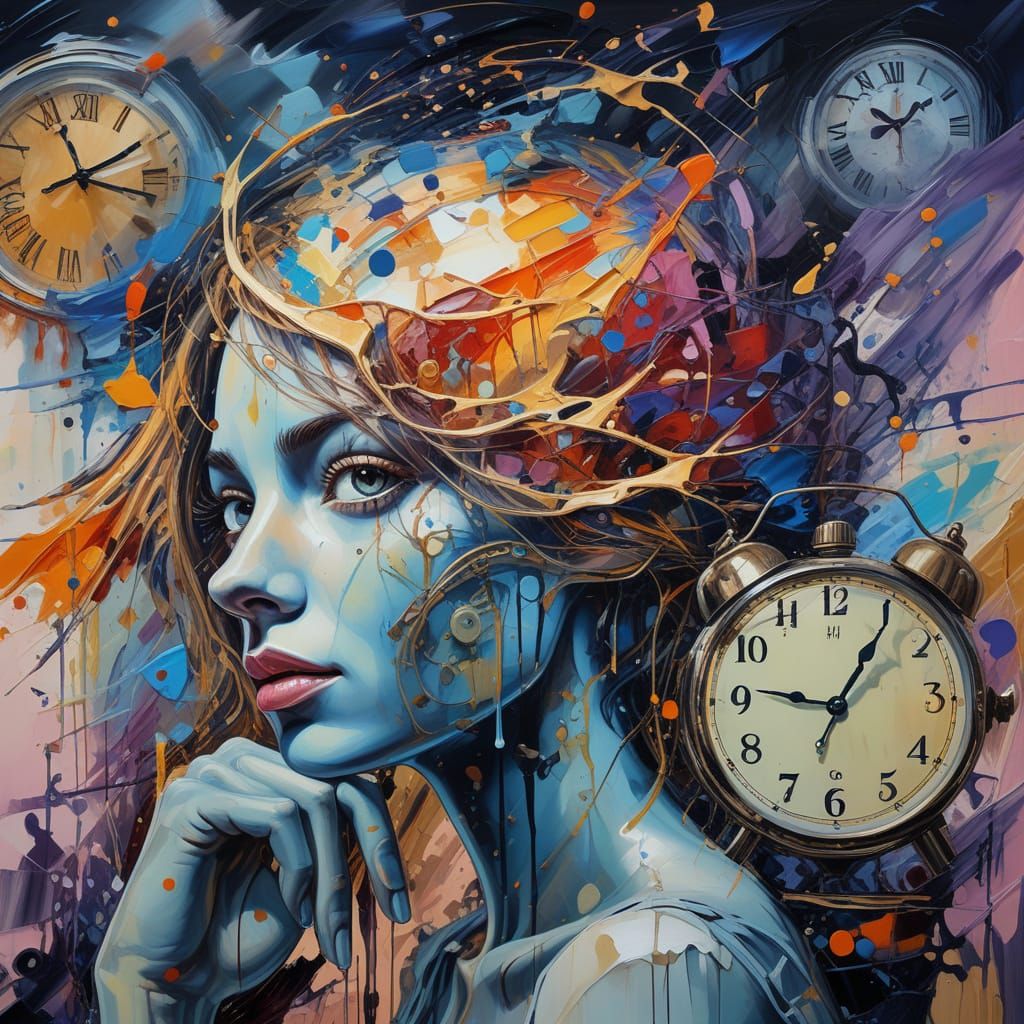 Surreal Woman Portrait with Melting Clock