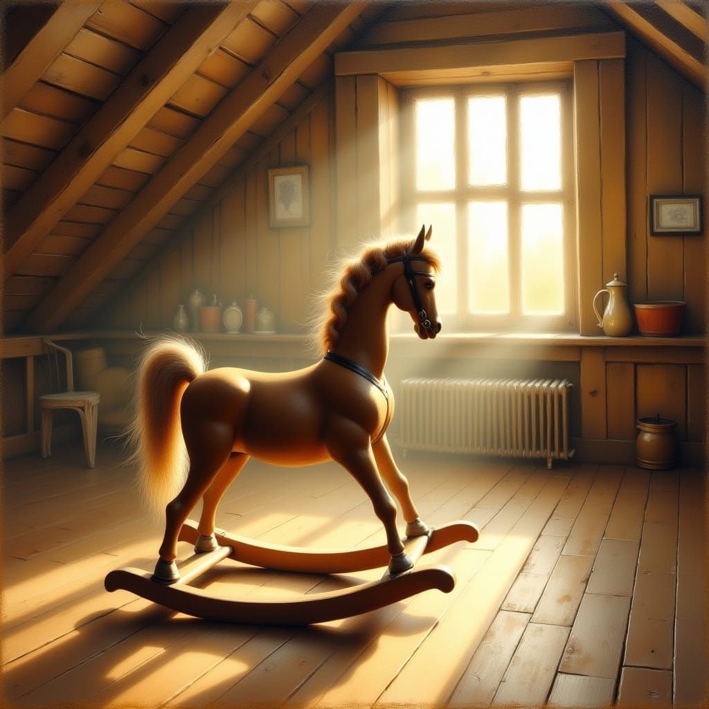 Nostalgic Rocking Horse in Sunlit Attic