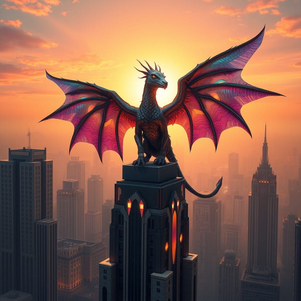 Retrofuturistic Creature Surveys Art Deco Skyscraper