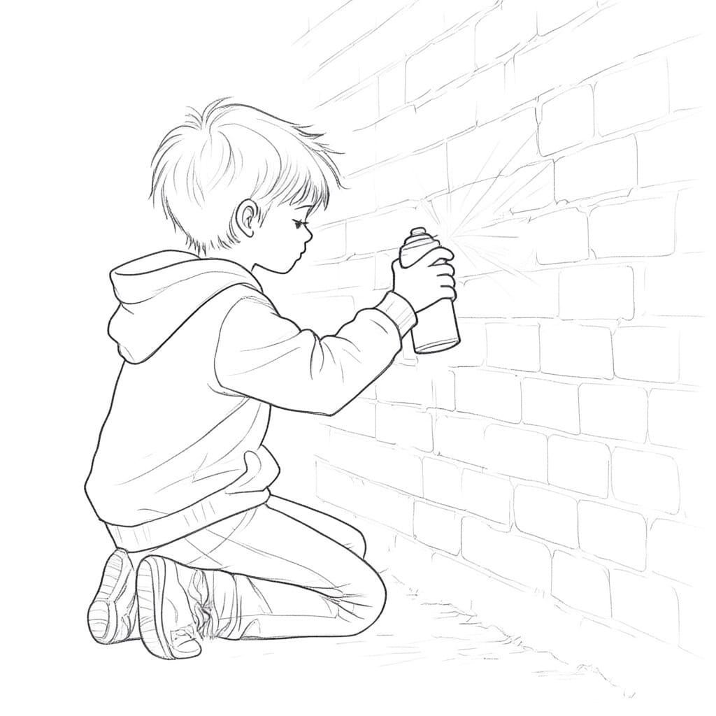 Boy Spray Painting Mural in Urban Alley Drawing