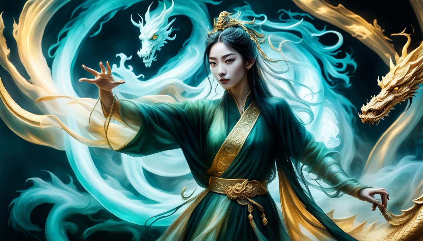 Ethereal Gold Dragon and Jade Princess in Chinese Fantasy