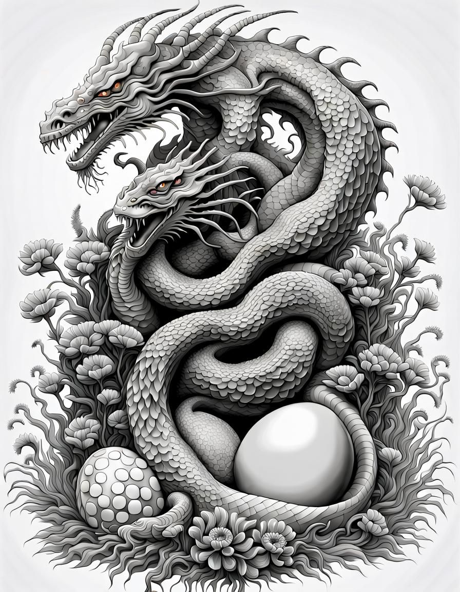 Intricate Hydra Guarding Dragon Egg in Zentangle Style