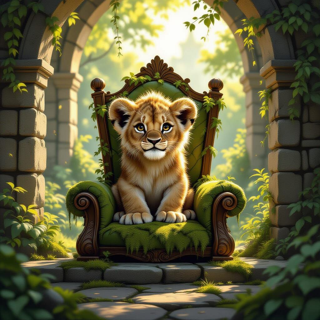 Playful Lion Cub on Mossy Throne in Castle Courtyard