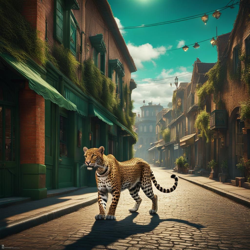 Green-Eyed Leopard Stalks a 1920s Town, Detailed Painting