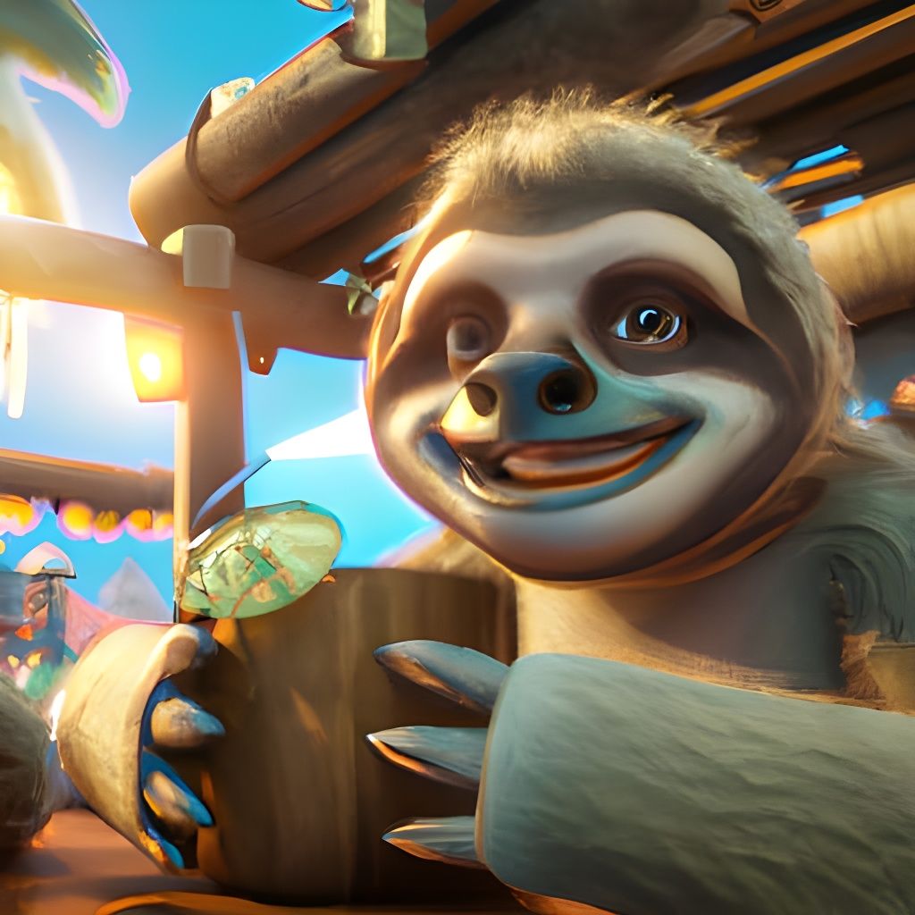 Sloth Enjoys Tiki Cocktails in Exquisite 3D Digital Painting