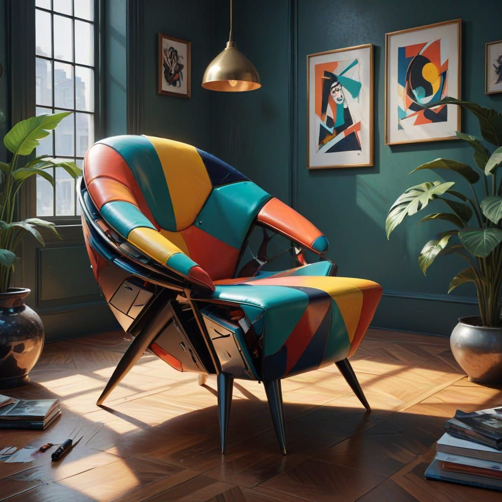 Angular Art Deco Chair in Vibrant Geometric Shapes