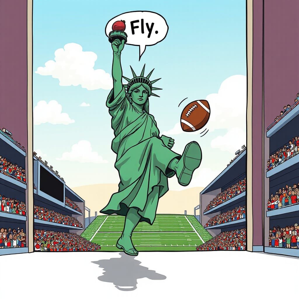 Statue of Liberty Kicking Football Cartoon