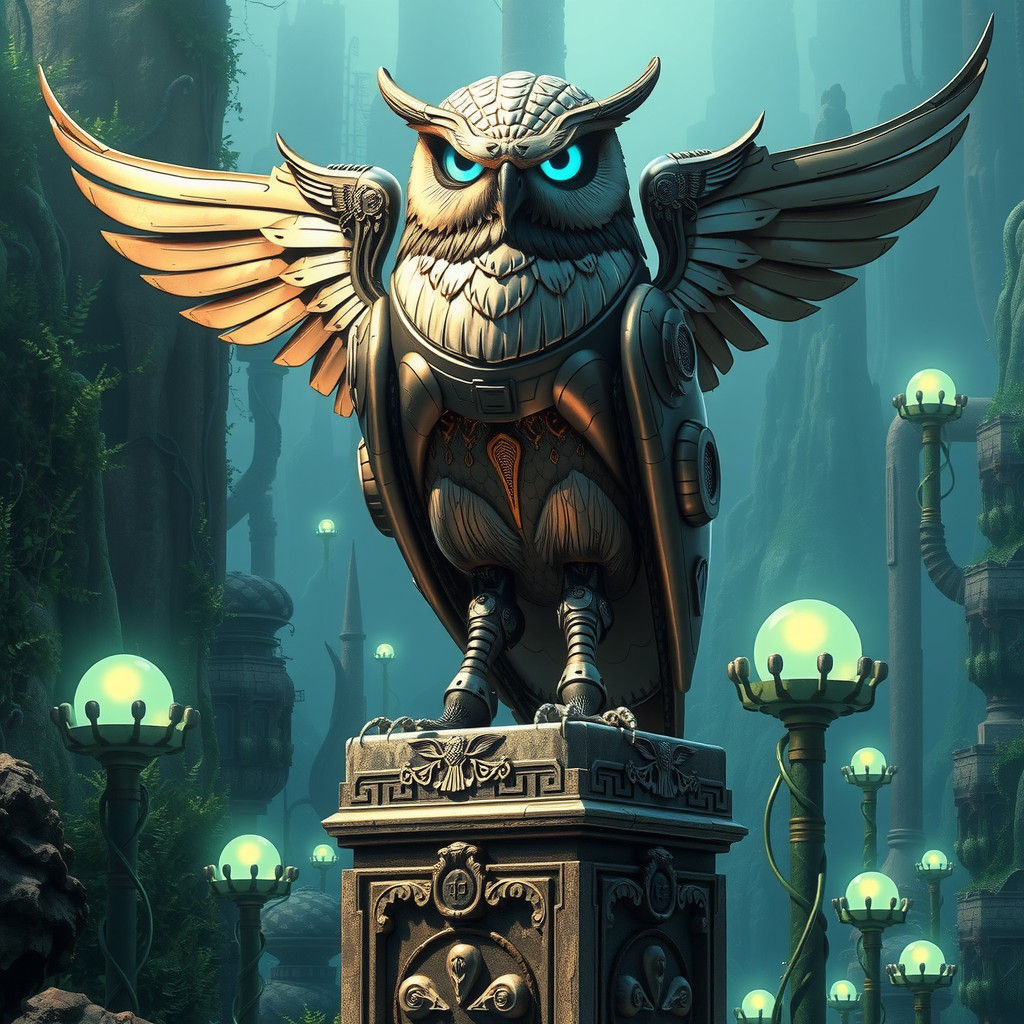 Robotic Owl in Atlantis: Gleaming Biomechanical Art