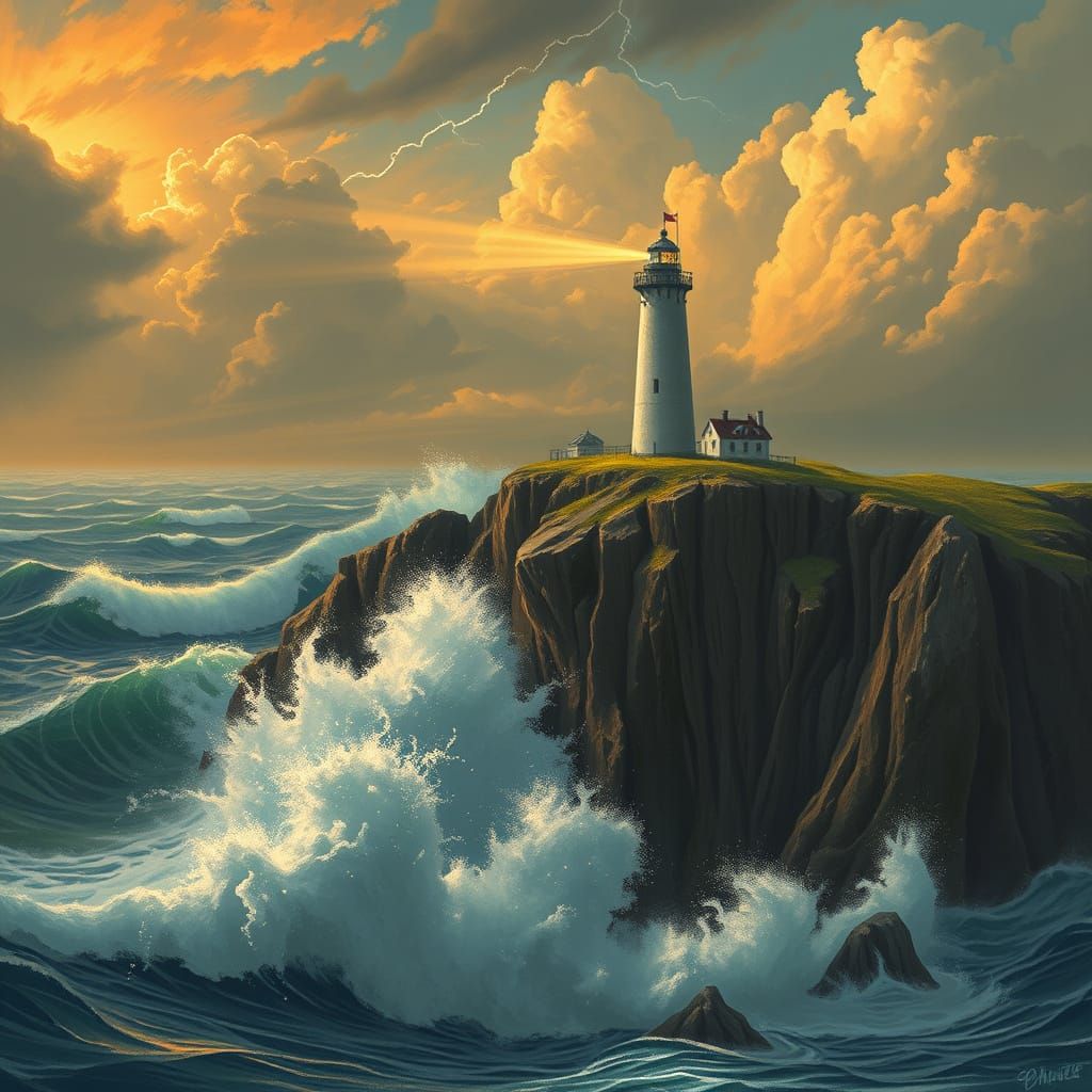 Lighthouse on Cliff During Storm with Fiery Sky