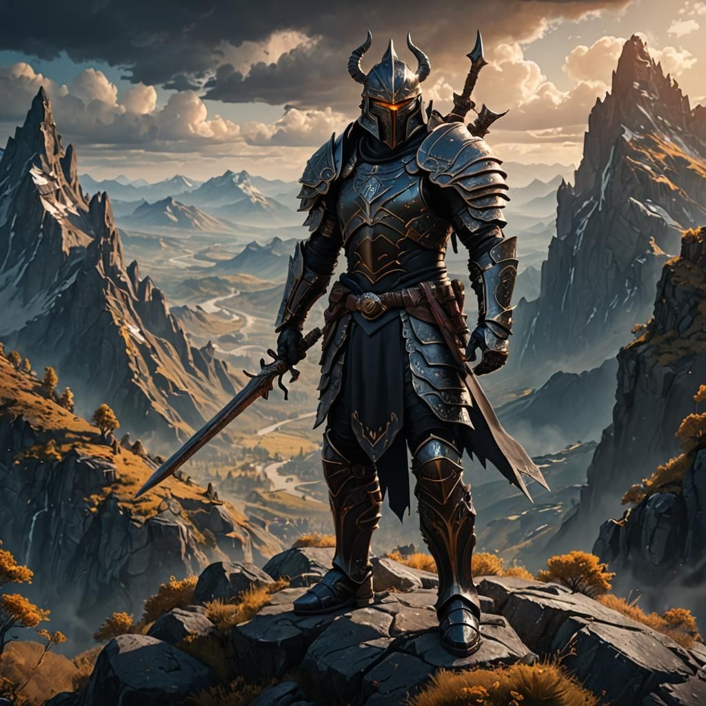 Fearsome Ebony Armored Warrior on Mountain