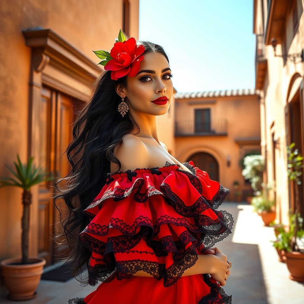 stunning woman in a traditional Spanish-inspired red and bla...