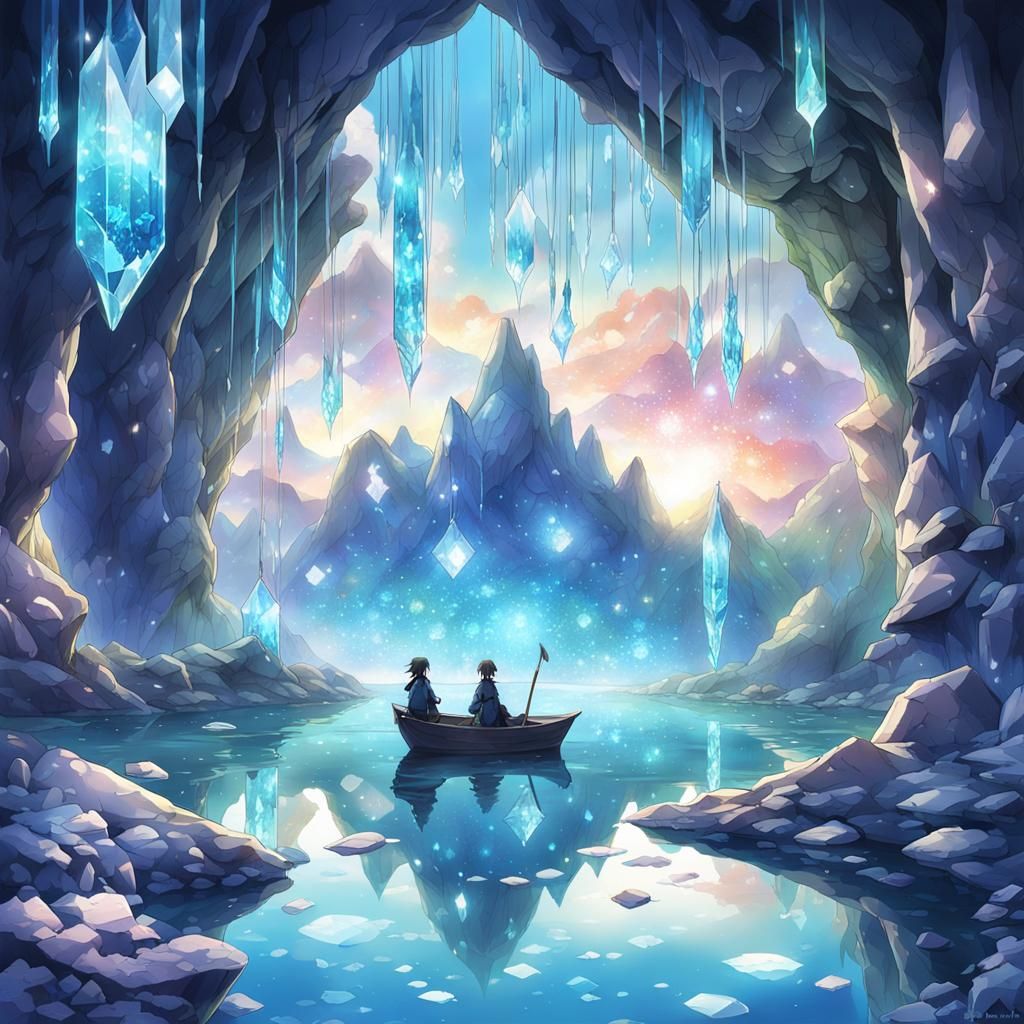 Enchanting Crystal Lake Reflection in Anime Style