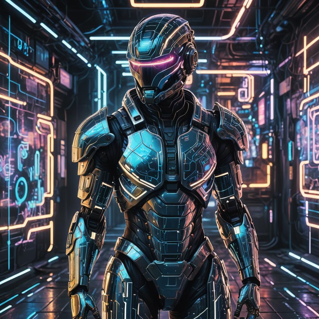 Cyberpunk Figure in Neon Lit Circuitry