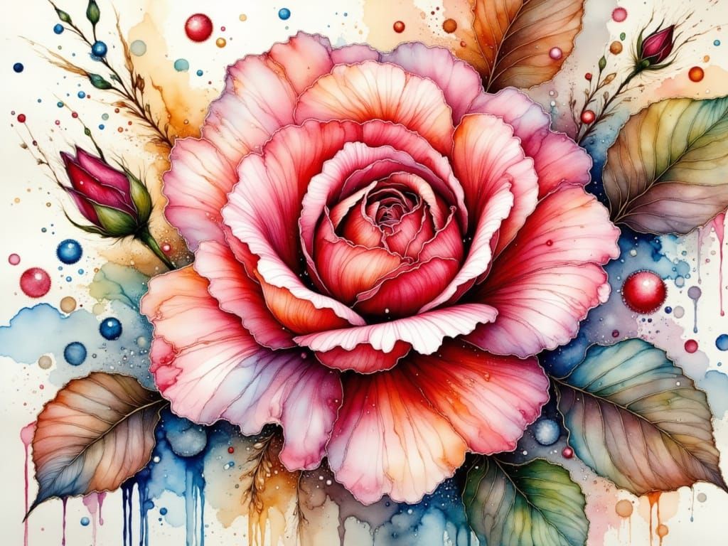 Red and White Rose in Watercolor Style