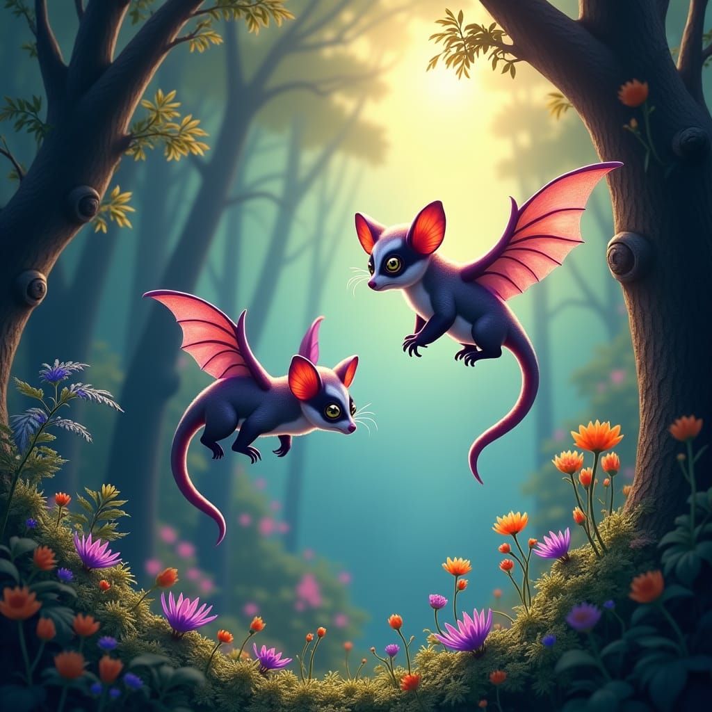 Sugar Gliders in Iridescent Forest: Fantasy Concept Art
