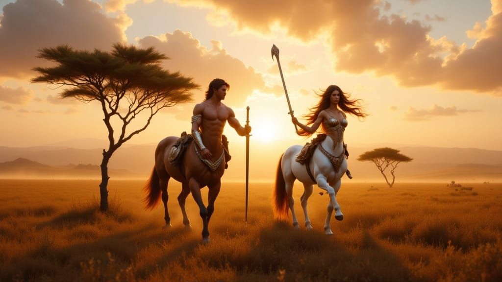 Male Centaur Warrior and Female Centaur Shaman on Savannah